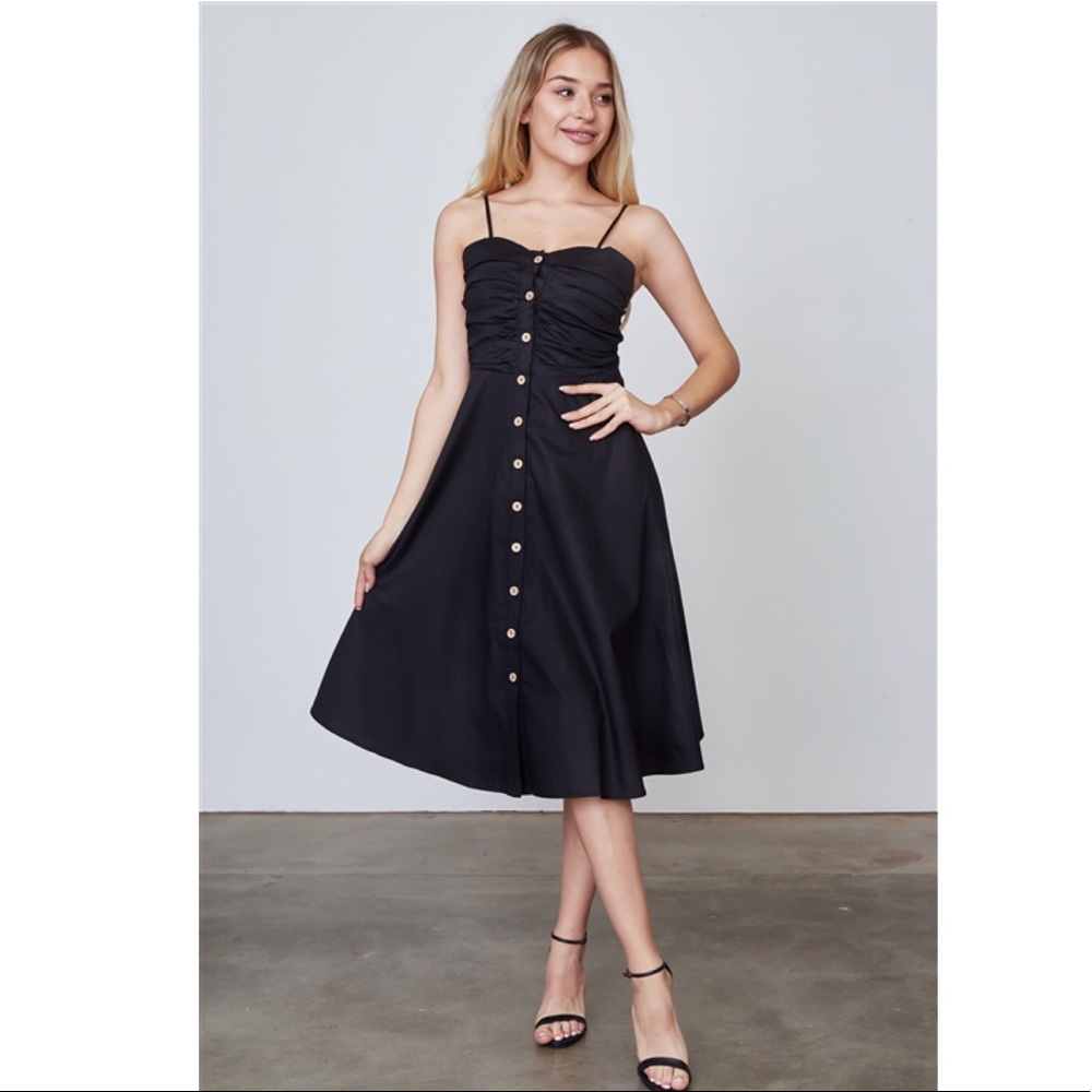 Black Button Down Front Midi Dress - Picture 2 of 7